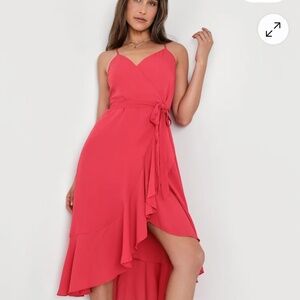 Lulus Manhattan Moment Berry Pink Midi Ruffled Wrap Dress